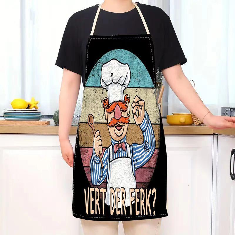 Cartoon Chef Pattern Apron, 1 Count Durable Cooking Apron, Kitchen & Barbecue Essential Apron for Chefs, Bakers & Grill Masters