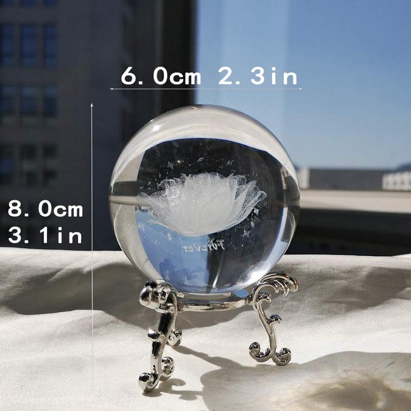 60mm 3D Inner Carving Rose Flower Crystal Ball Paperweight with Sliver Stand Fengshui Home Decor