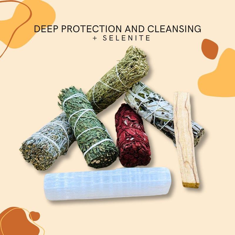 Deep Protection and Cleansing Smudging Sage Pack + Selenite Wand Crystal Set Freshener Perfume Scented