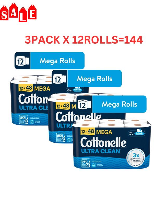 Cottonelle Ultra Clean Toilet Paper, Strong Toilet Tissue, 12 Mega Rolls 3PACK x 12 rolls