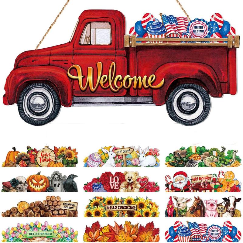 Truck Design Welcome Sign, 13pcs set Interchangeable Welcome Sign, Hanging Sign Farmhouse Seasonal Welcome Sign with 12 Holiday Icons for Home Decor