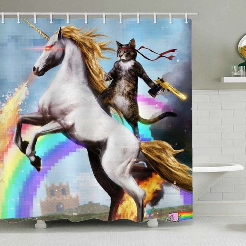 Cartoon Cat & Unicorn Pattern Shower Curtain, Waterproof Shower Curtain with 12pcs Hooks, Bathroom Decor Accessories