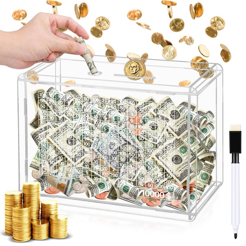 Clear Money Box Deposit Box, Countdown Deposit Box with $10,000 Target, Money Box with Money Target and Numbers, ($10,000 Acrylic). Decor Piggy