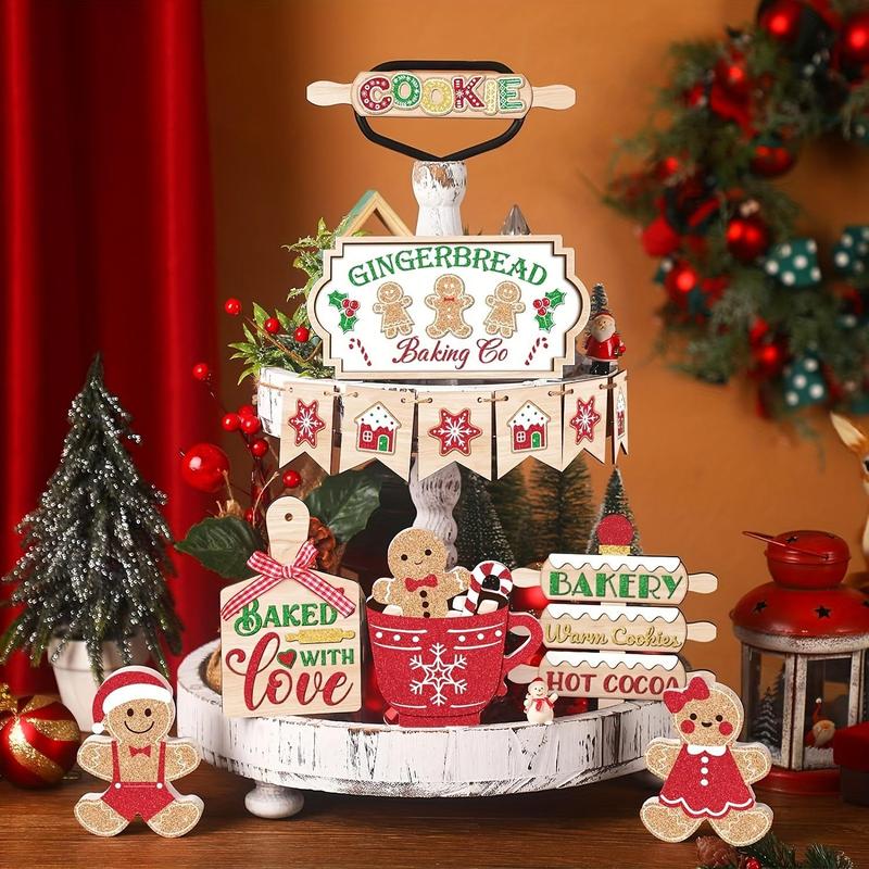 Christmas Tiered Tray Decoration Set, 1 Set Wooden Gingerbread Man & Letter Pattern Ornament without Tray, Home Decor for Christmas Party