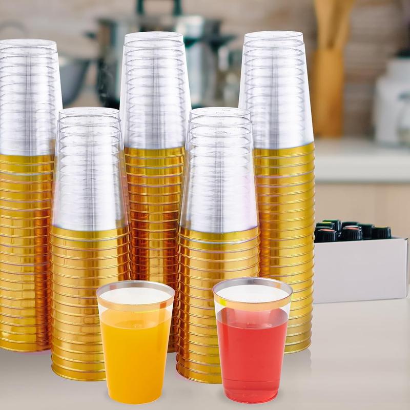 100P Gold Rimmed Plastic Cups, 12oz Clear Tumblers, Disposable for Weddings, Thanksgiving, Christmas.