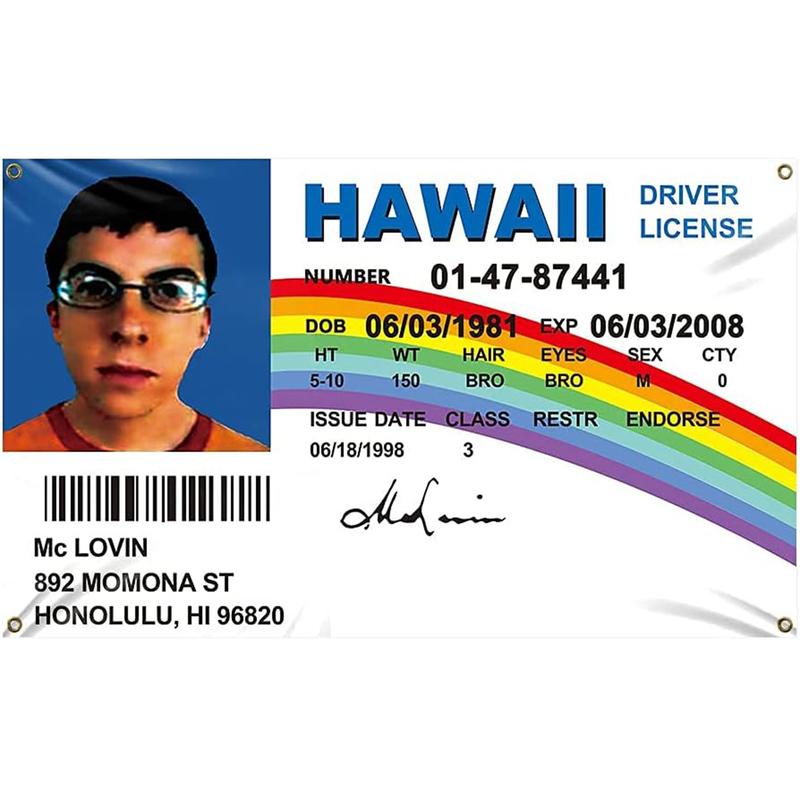 McLovin ID Flag 3x5Ft Driver License Banner 3x5Ft Funny Tapestry for Room College Dorm Decor Indoor Bedroom Outdoor Wall Hangging Flags