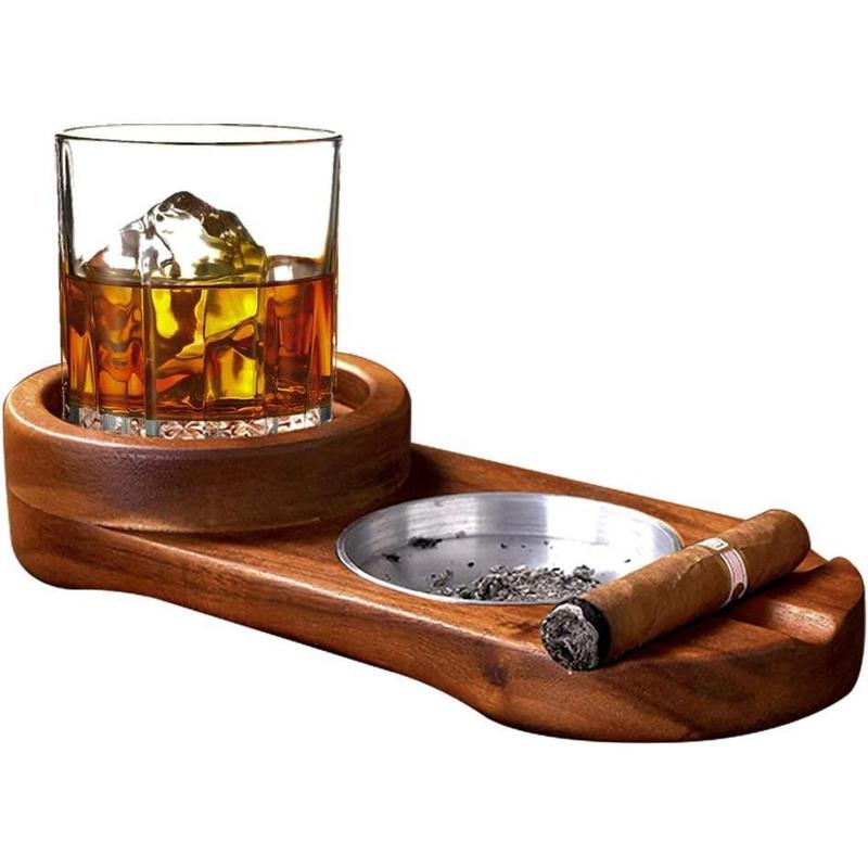 Ashtray Coaster Whiskey Glass Tray and  Holder, Wooden Ash Tray, Slot to Hold ,  Rest,  Accessories Set Gift for Men Dad, Great Decor for Home,Office or Bar