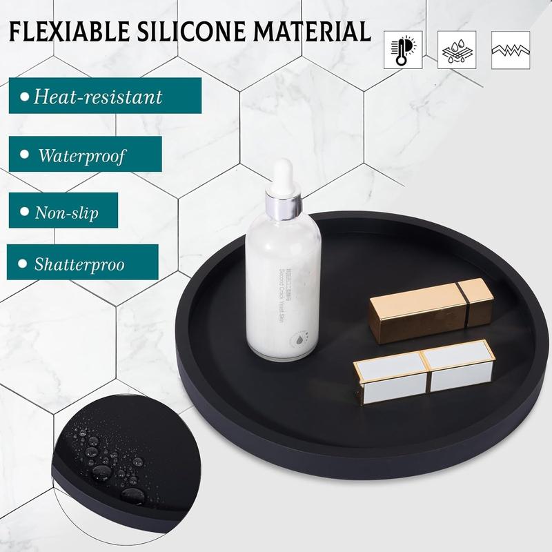 Black Silicone Bathroom Tray Round Vanity Tray Decorative Soap Holder Kitchen Countertop Organizer Coffee Table Decor for Candle, Perfume, Plant