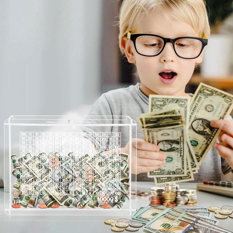 Clear Money Box Deposit Box, Countdown Deposit Box with $10,000 Target, Money Box with Money Target and Numbers, ($10,000 Acrylic). Decor Piggy