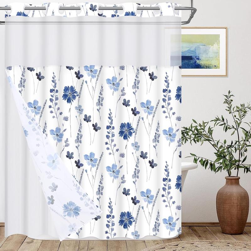 No Hook Shower Curtain with Snap in Liner, Blue Watercolor Floral Shower Curtain with Liner, Hotel Style Shower Curtain with See Through Top Window, Double Layer, Waterproof