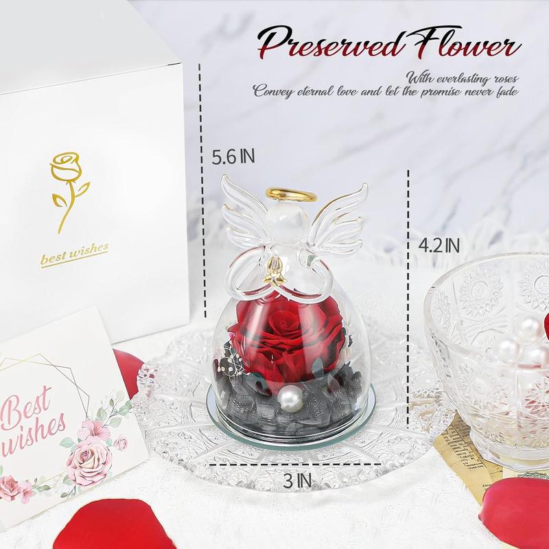 Preserved  Gift in Glass Angel Figurines. Forever Rose Gifts for Mom, Women, Grandma, Wife, Girlfriend. Rose Angel Gifts for Mothers Day, Birthday, Valentines, Christmas. (Red Roses)