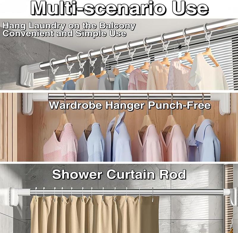 Drill-Free Adjustable Rod, Telescopic Curtain & ShowerRod - No Drilling, Heavy Duty Stainless Steel, Non-Slip Tension Rod for Windows, Closets, & Room Dividers (20~80'')