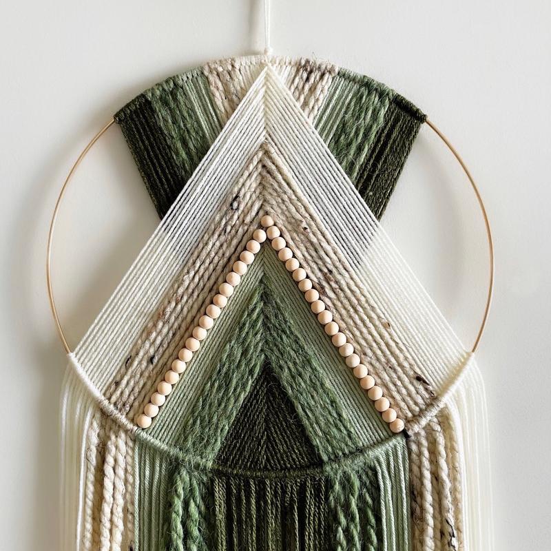 Green Beaded Macrame Hoop Yarn Hoop Wall Hanging Modern Boho