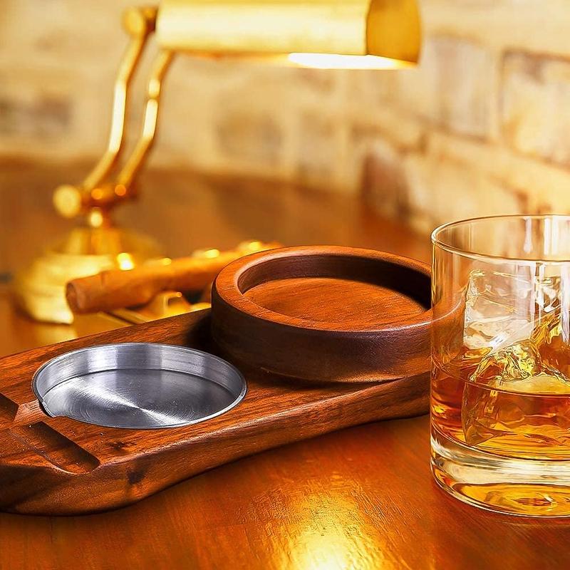 Ashtray Coaster Whiskey Glass Tray and  Holder, Wooden Ash Tray, Slot to Hold ,  Rest,  Accessories Set Gift for Men Dad, Great Decor for Home,Office or Bar