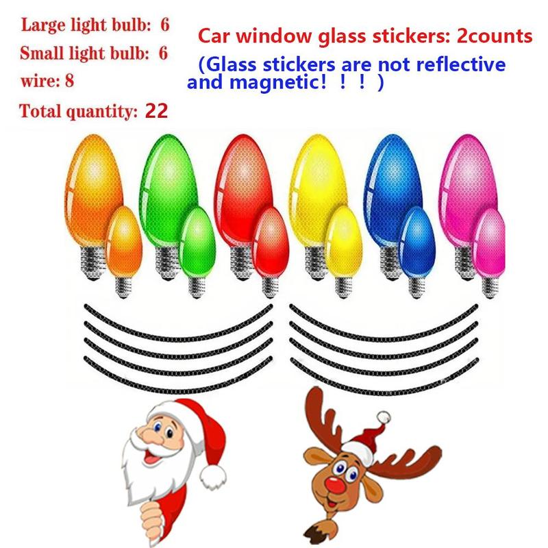 Christmas Car Light Bulb Magnet Set, 22pcs set Car Window Glass Sticker & 20pcs Reflective Car Magnets Set, Car Exterior Decoration Accessories