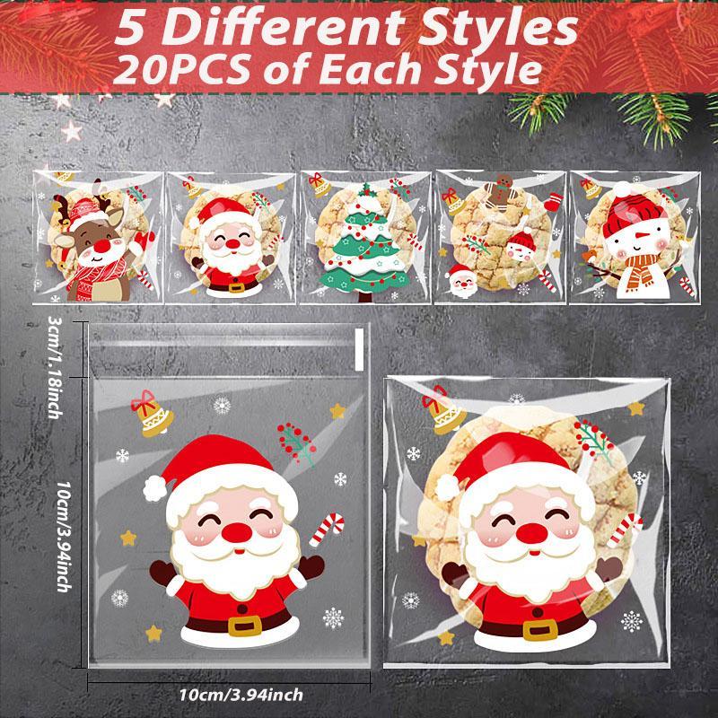 Christmas Themed Candy Bag, 100pcs set Self-adhesive Cellophane Treat Bag, Disposable Cookie Bag for Christmas Holiday Party Supplies Favor