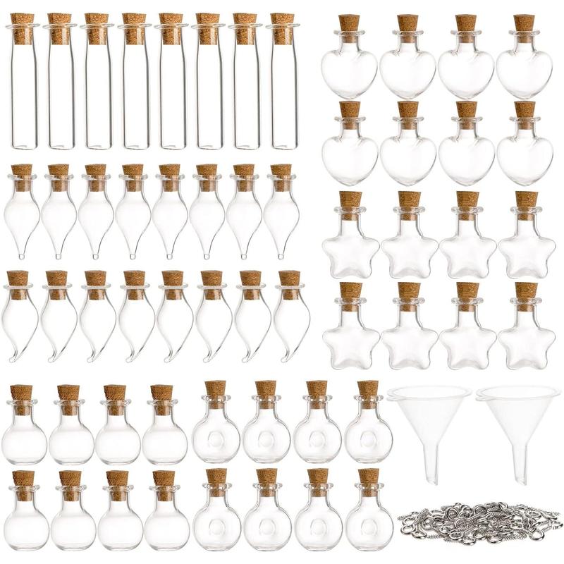 56 Pieces Mini Glass Bottles with 56 Cork Lids, 56 Eye Screws and 2 Small Funnels, Tiny Cork Wishing Bottles, Mini Spell Jars, Small Message Bottle for Wedding, Party, Baby Shower Favors