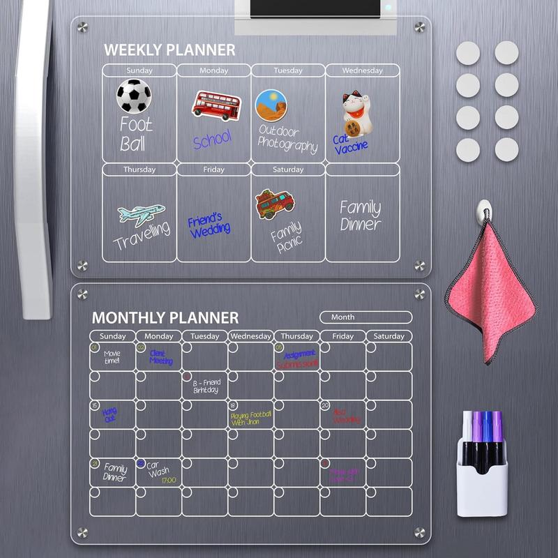 2 Pcs Magnetic Acrylic Calendar for Fridge, 16”x12” Acrylic Fridge Calendar with Monthly & Weekly Planner Including 6 Highlighted Colorfull Markers, Magnetic Pen Holder and Erase Towel Decor