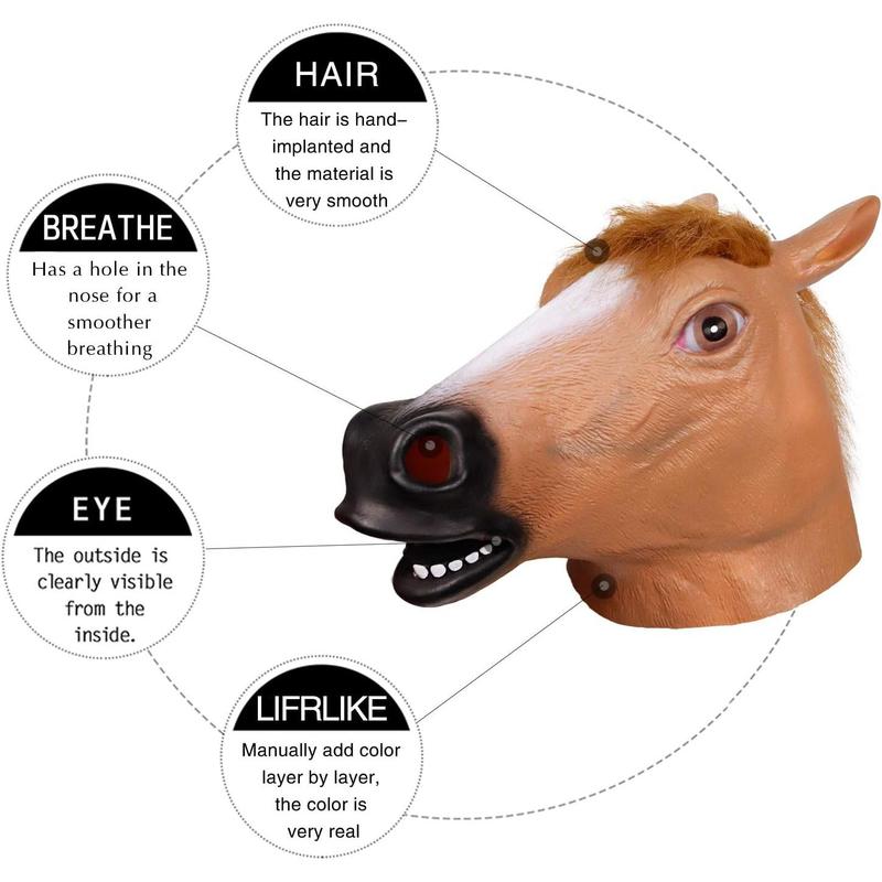 Horse Head Mask for Adult, Brown Horse Head Latex Animal Mask, Novelty Halloween Costume for Masquerade Party Accessories Comfortable Props skull  girl dino mask