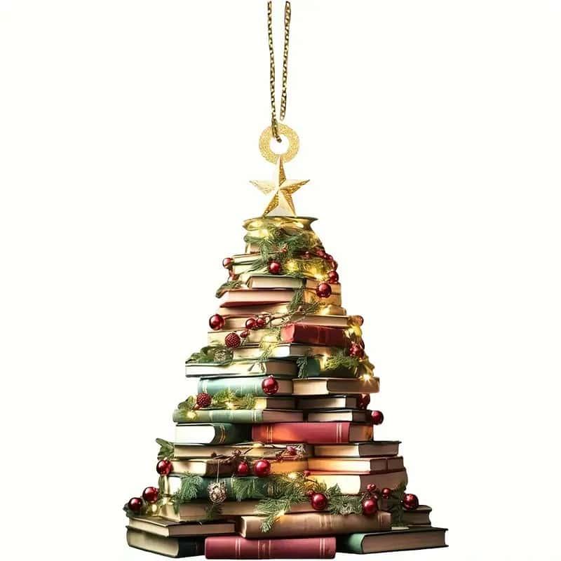 Book Stack Design Christmas Tree Ornament, 4 Counts set Acrylic Bookshelf Tree Shaped Ornament, Festive Library Ornament for Christmas Tree Top Decoration