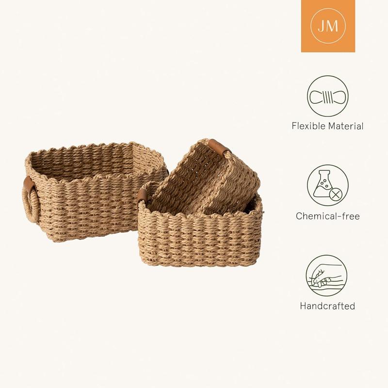 Small Wicker Baskets for Organizing, Recycled Paper Rope Storage Basket Containers for Shelves, Bathroom Cupboards, and Drawer, Decorative Square Basket Organizer Set of 3