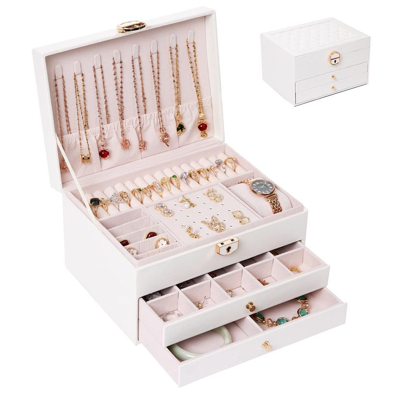 Large Capacity Jewelry Storage Box with Drawer & Lid, 3-layer PU Leather Jewelry Storage Box, Jewelry Organizer for Earrings, Rings, Necklaces [without Jewelry]