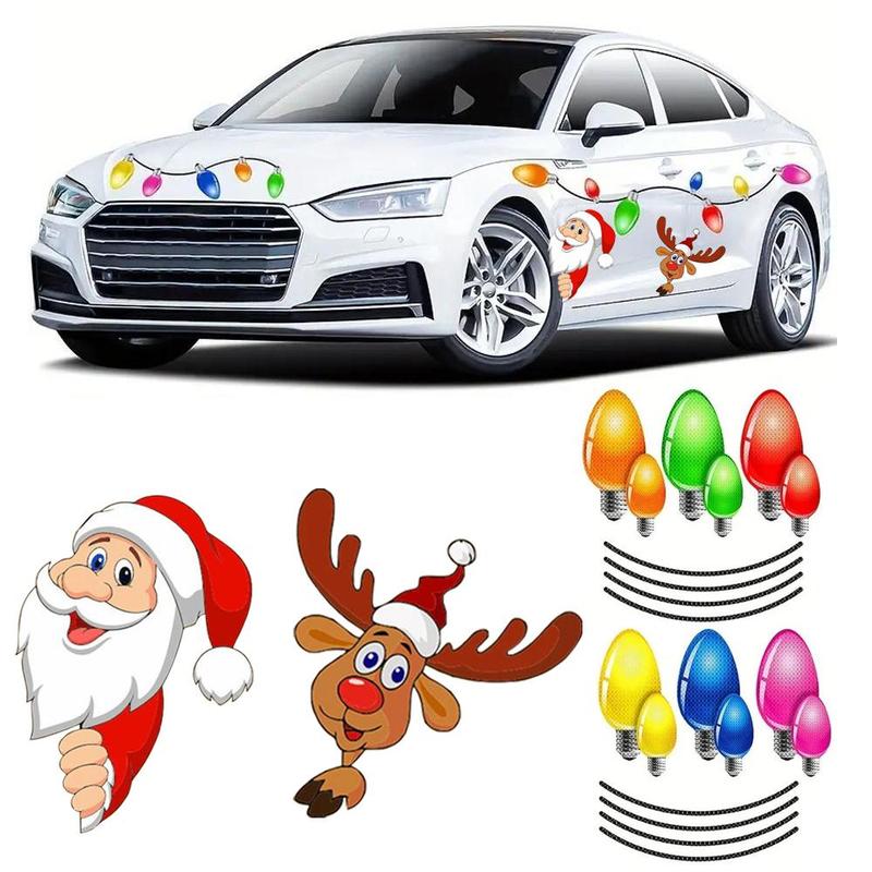 Christmas Car Light Bulb Magnet Set, 22pcs set Car Window Glass Sticker & 20pcs Reflective Car Magnets Set, Car Exterior Decoration Accessories