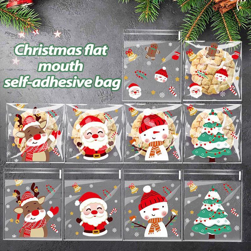 Christmas Themed Candy Bag, 100pcs set Self-adhesive Cellophane Treat Bag, Disposable Cookie Bag for Christmas Holiday Party Supplies Favor