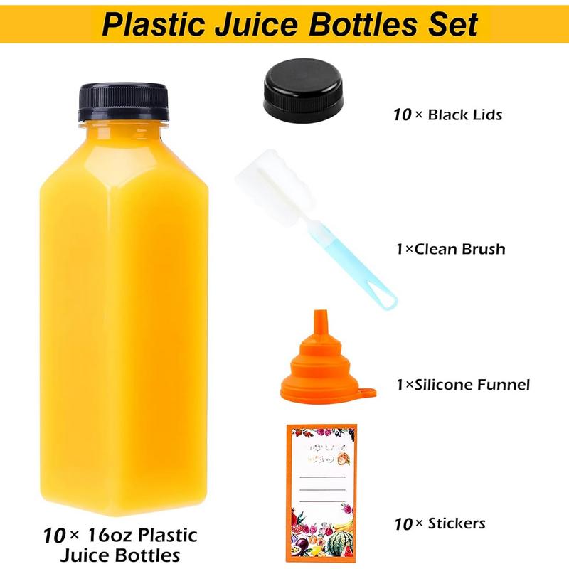 10 Count 16oz Plastic Juice Bottles for Juicing,with Leak-Proof Caps Lids Empty Reusable Bottles with ,Brush,Ginger Shot Bottles with Caps,Juice Milk Beverages Bottles Organiser Tin Canister