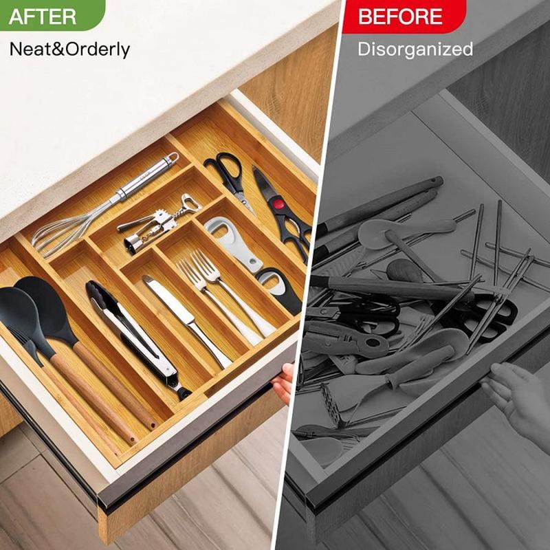 Bamboo Cutlery Rack, 1 Count Expandable Drawer Organizer, Adjustable Cutlery Tray, Wooden Cutlery Drawer Divider Organizer, Kitchen Storage Organizer