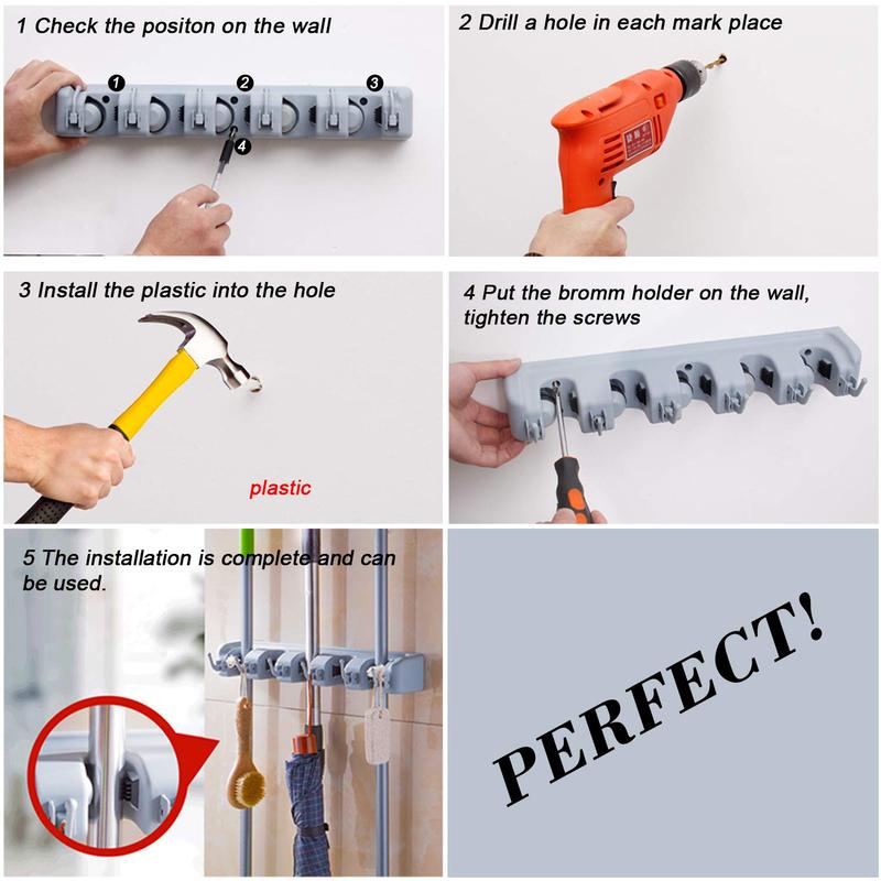 Wall Mount Broom Mop Holder Hanger Garden Tool Organizers Rack Garage Laundry Room Hanging Organizer with Hooks - Hangable