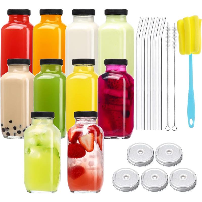 [Fast Shipping] 10pcs 16oz Glass Juice Bottles with Lids, Reusable Juice Containers Drinking Jars Water Cups with Brush, Glass Straws, Lids with Hole Aluminium Plastic