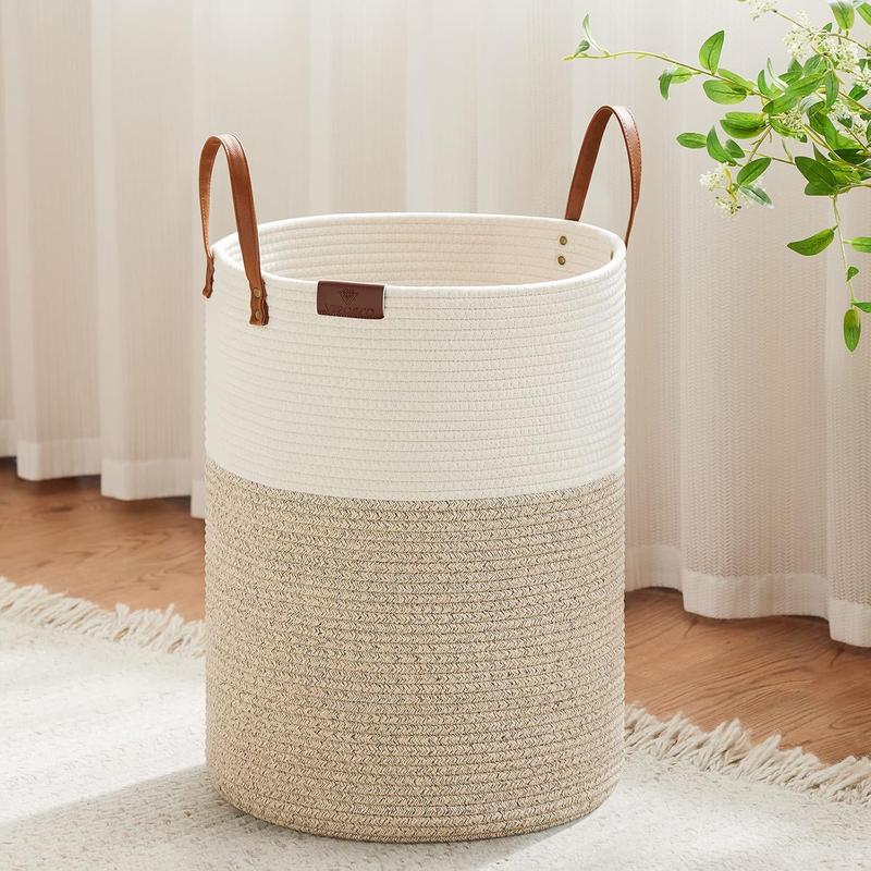 58L Tall Laundry Basket – Woven Rope Hamper with Leather Handles, Storage for Clothes, Blankets, Toys, Living Room, Bedroom (White & Brown)