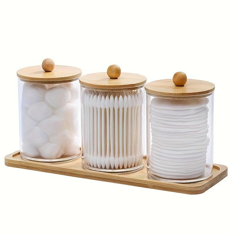 Cotton Swab Storage Bottles with Wooden Lid, Toothpick Storage Bottle with Tray, Bathroom Containers Dispenser, Floss Organizer Canisters