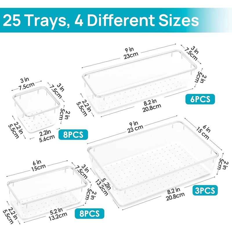 25 PCS Clear Plastic Drawer Organizers Set, 4-Size Versatile Bathroom and Vanity Drawer Organizer Trays, Storage Bins for Makeup, Bedroom, Kitchen Gadgets Utensils and Office