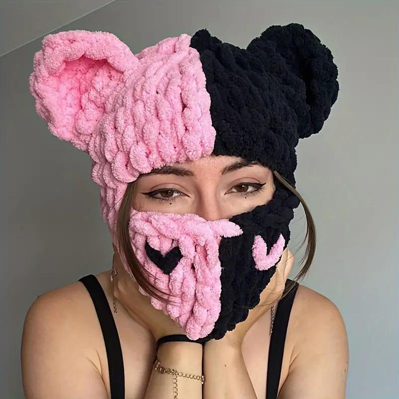 Cozy Knit Bear Ear Balaclava - Cute Cartoon Face Mask, Stretchy Winter Ski Hat with Heart Detail, Hand Wash Only Gift For Halloween