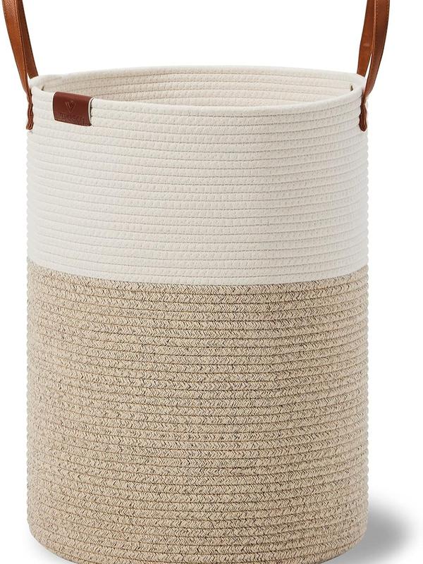 58L Tall Laundry Basket – Woven Rope Hamper with Leather Handles, Storage for Clothes, Blankets, Toys, Living Room, Bedroom (White & Brown)