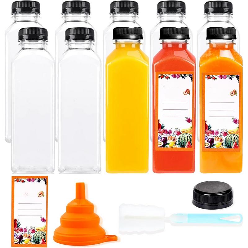 10 Count 16oz Plastic Juice Bottles for Juicing,with Leak-Proof Caps Lids Empty Reusable Bottles with ,Brush,Ginger Shot Bottles with Caps,Juice Milk Beverages Bottles Organiser Tin Canister