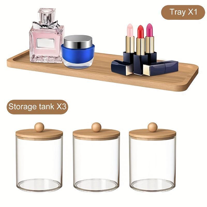 Cotton Swab Storage Bottles with Wooden Lid, Toothpick Storage Bottle with Tray, Bathroom Containers Dispenser, Floss Organizer Canisters