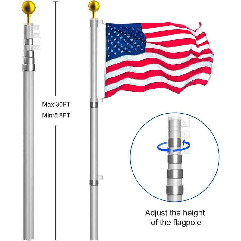 30FT Telescopic Flag Pole Kit: Extra Thick Telescoping Flag Poles,  Heavy Duty Flag Poles for Outside House Inground with 3x5  Flag