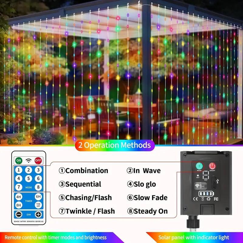 Christmas Solar Powered LED Curtain Light with Remote Control, 8 Light Modes Decorative String Light with Timer & Hook, Garden Hobby Lobby Christmas House Decorations, Decorative Light for Garden, Yard, Party, Wedding, Hobby Lobby Christmas House