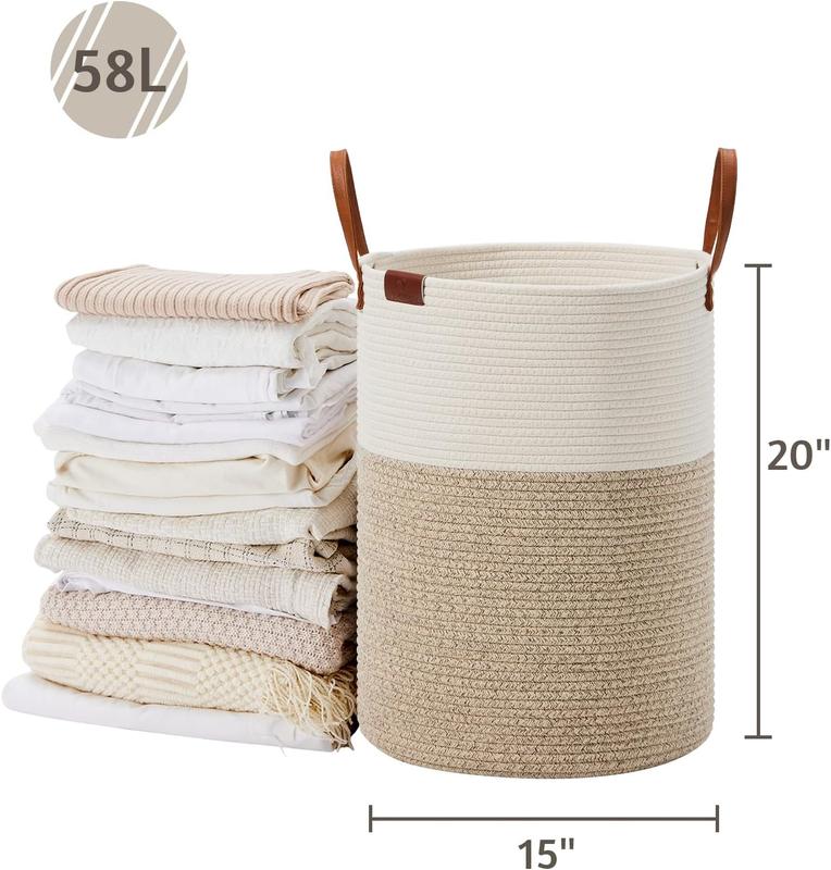 58L Tall Laundry Basket – Woven Rope Hamper with Leather Handles, Storage for Clothes, Blankets, Toys, Living Room, Bedroom (White & Brown)