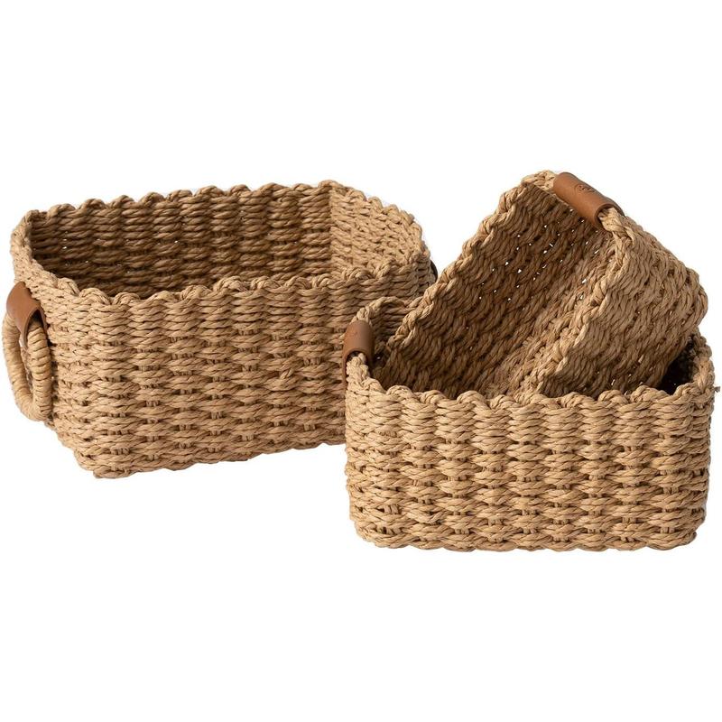 Small Wicker Baskets for Organizing, Recycled Paper Rope Storage Basket Containers for Shelves, Bathroom Cupboards, and Drawer, Decorative Square Basket Organizer Set of 3