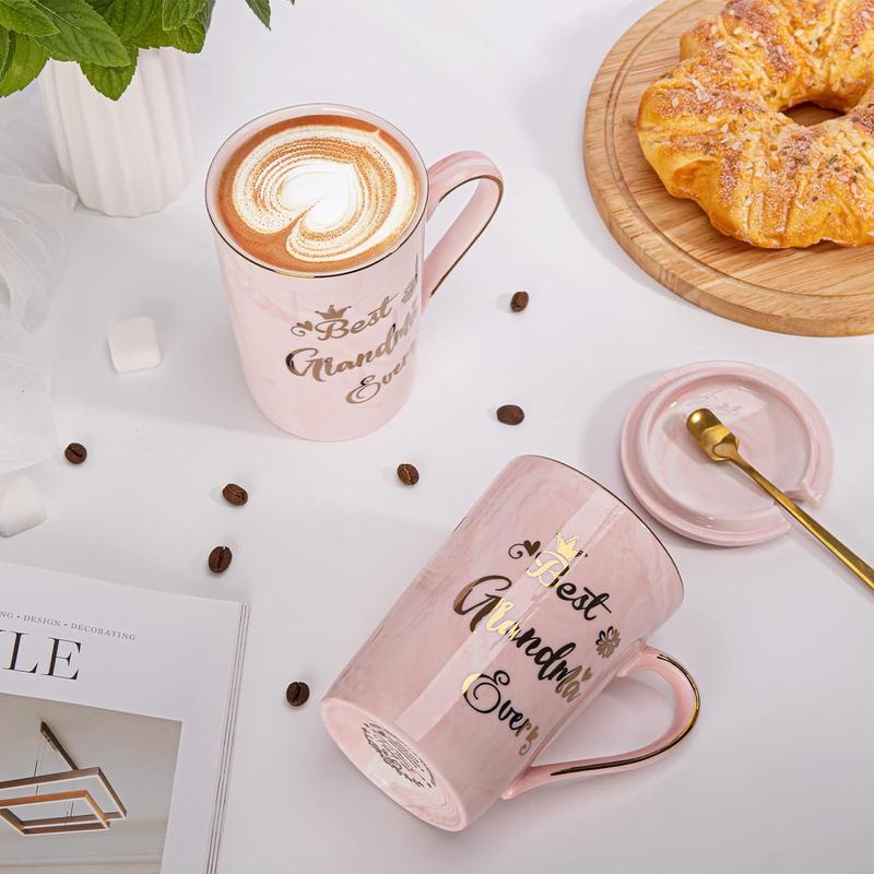 Grandma Gifts - Mothers Day Gifts for Grandma - Best Grandma Ever Mug - Unique Birthday Gifts Ideas for Grandma, Grandmother - Marble Ceramic Grandma Coffee Mug Print with Gold 14oz Pink Drinkware Tumbler