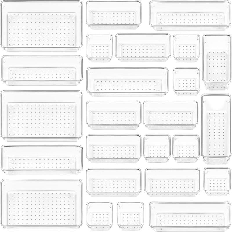 25 PCS Clear Plastic Drawer Organizers Set, 4-Size Versatile Bathroom and Vanity Drawer Organizer Trays, Storage Bins for Makeup, Bedroom, Kitchen Gadgets Utensils and Office