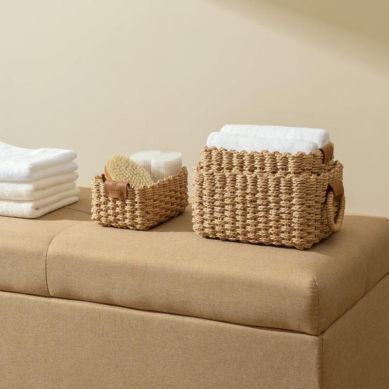 Small Wicker Baskets for Organizing, Recycled Paper Rope Storage Basket Containers for Shelves, Bathroom Cupboards, and Drawer, Decorative Square Basket Organizer Set of 3