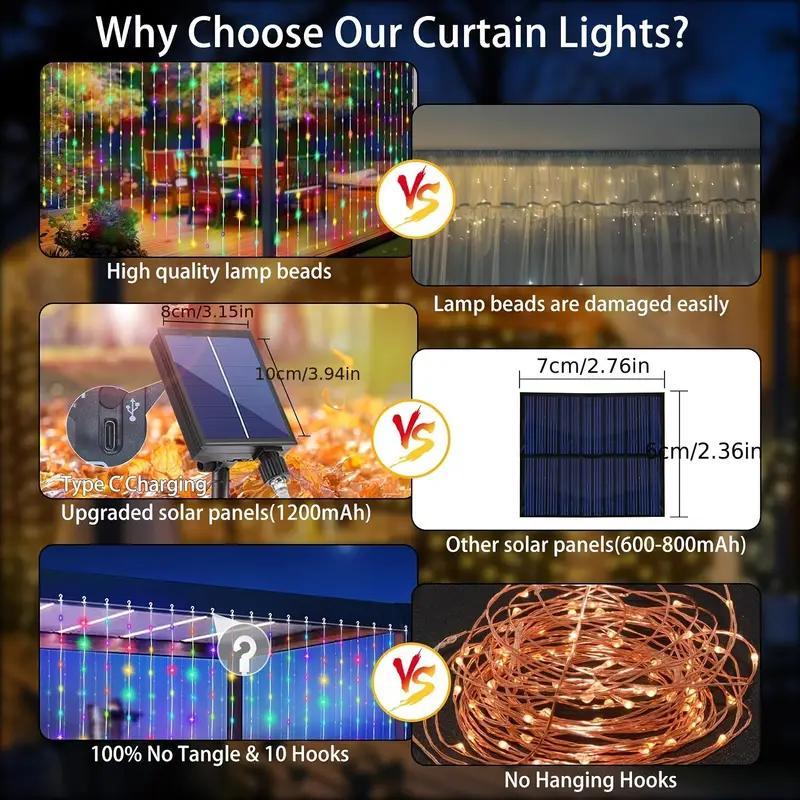 Christmas Solar Powered LED Curtain Light with Remote Control, 8 Light Modes Decorative String Light with Timer & Hook, Garden Hobby Lobby Christmas House Decorations, Decorative Light for Garden, Yard, Party, Wedding, Hobby Lobby Christmas House