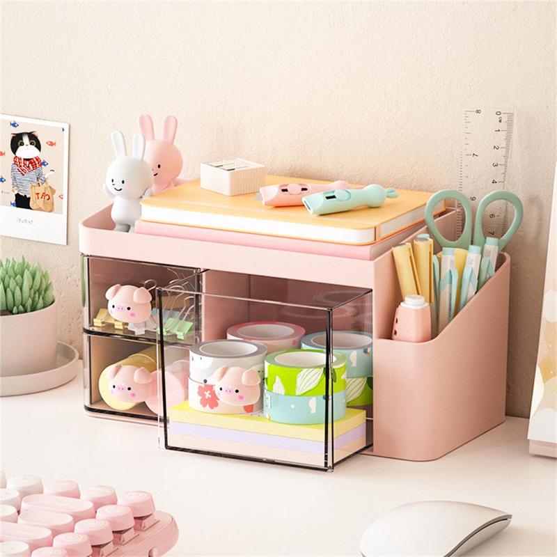 Cute Cartoon Storage Box, 1 Count Desktop Multi-grid Cosmetic Storage Box, Drawer Type Organizer for Home Bedroom Study Room