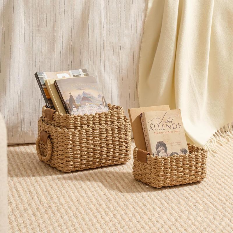 Small Wicker Baskets for Organizing, Recycled Paper Rope Storage Basket Containers for Shelves, Bathroom Cupboards, and Drawer, Decorative Square Basket Organizer Set of 3