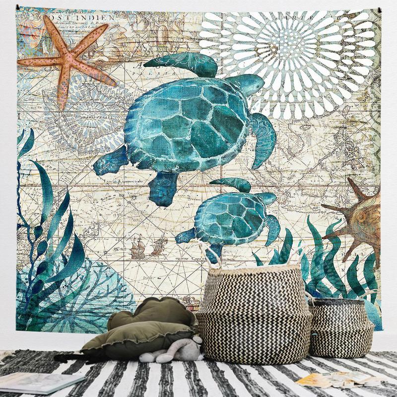 Turtle & Sea Pattern Tapestry, 1 Count Cute Wall Hanging Blanket, Wall Art Decor for Home Living Room Bedroom Study Room Office